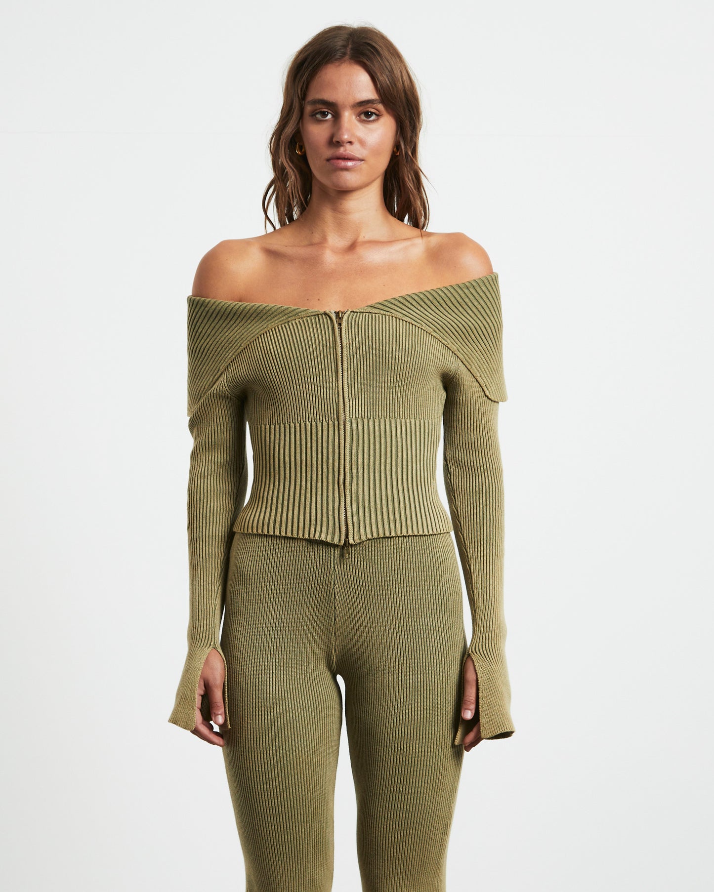 Angelique Zip Front Acid Rib Cardigan in Khaki Green
