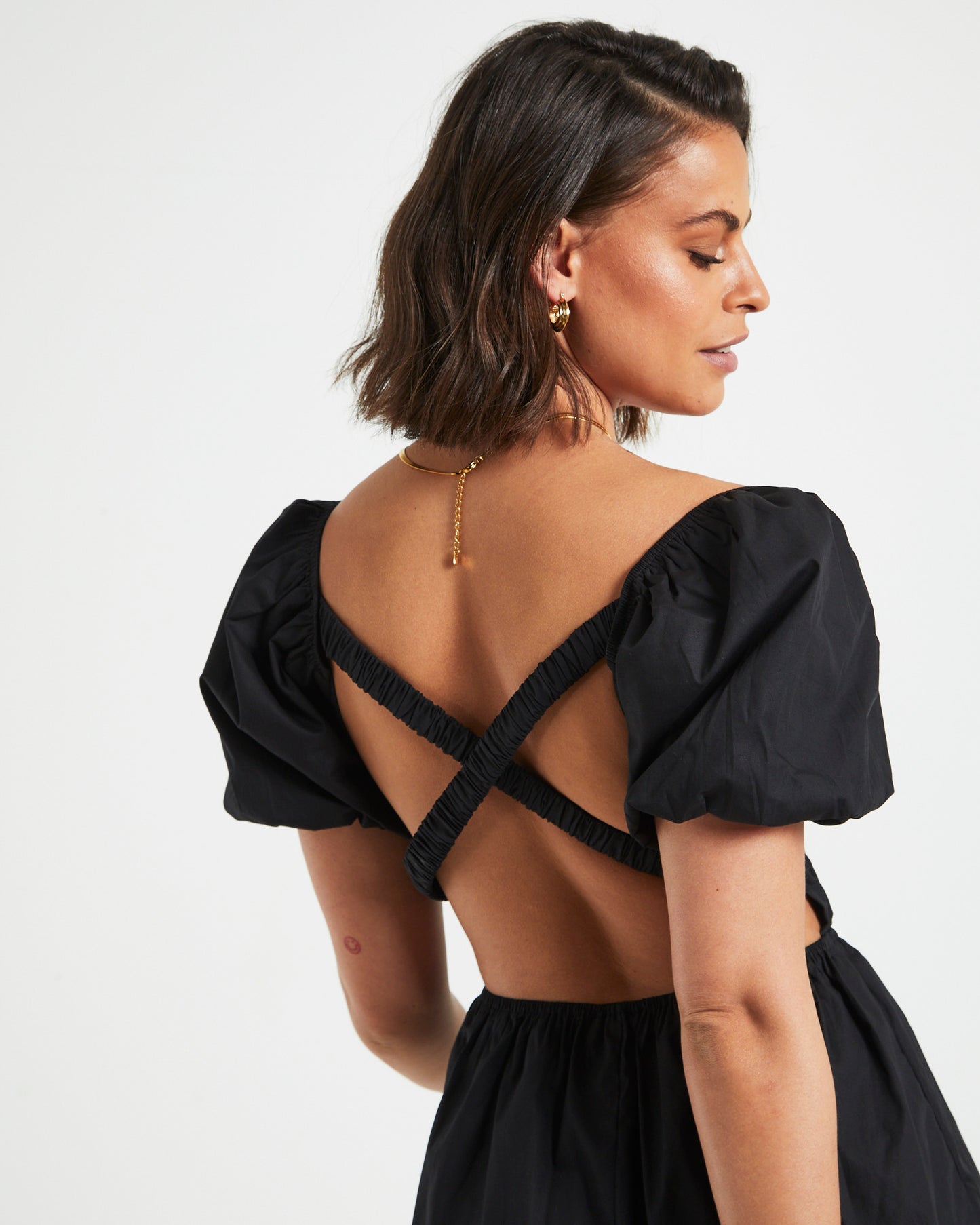 Rylee Backless Puff Sleeve Mini Dress in Black