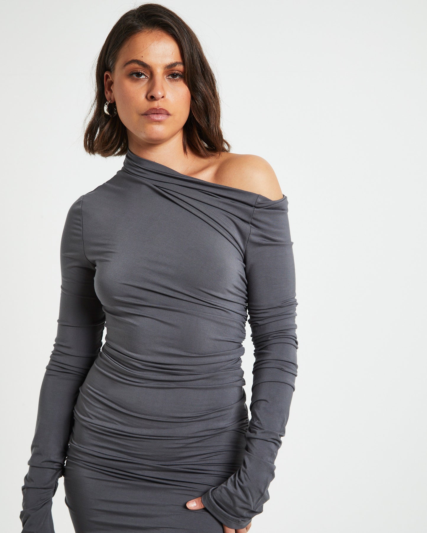 Nyah Long Sleeve Mini Dress in Gunmetal Grey