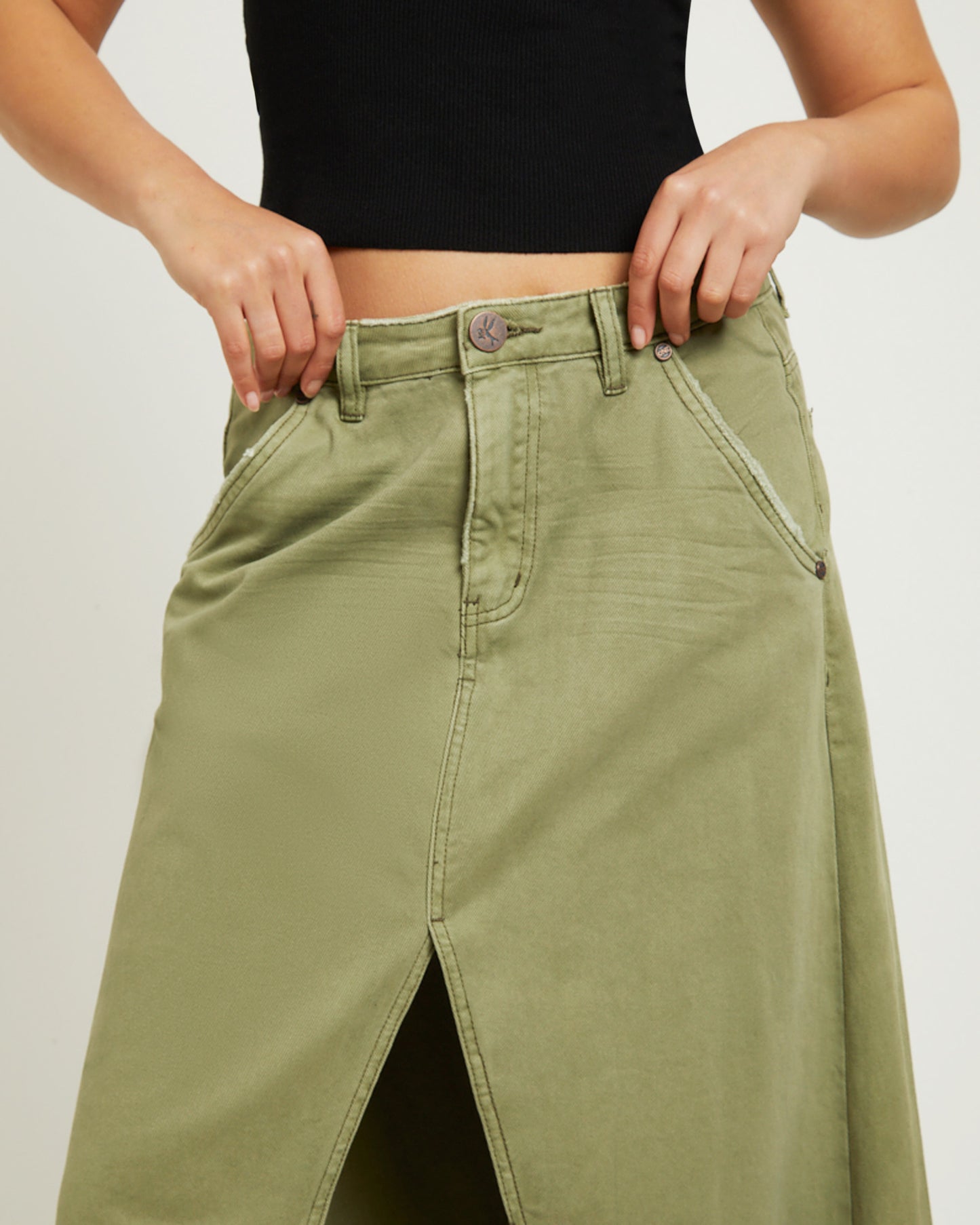 St Khaki Mrs Carter Long Denim Skirt in Green