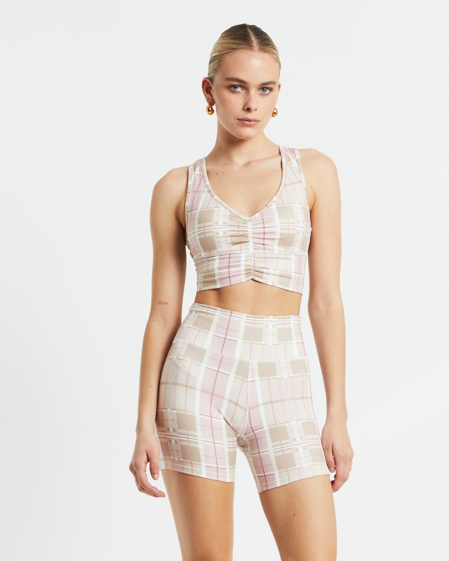 Gather Front Crop Top in Pink Check