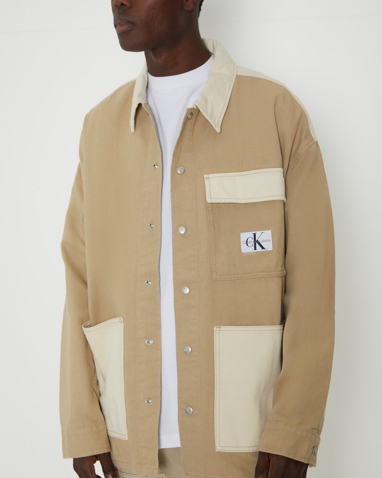 Oversized Utility Panel Denim Shirt Jacket in Neutral