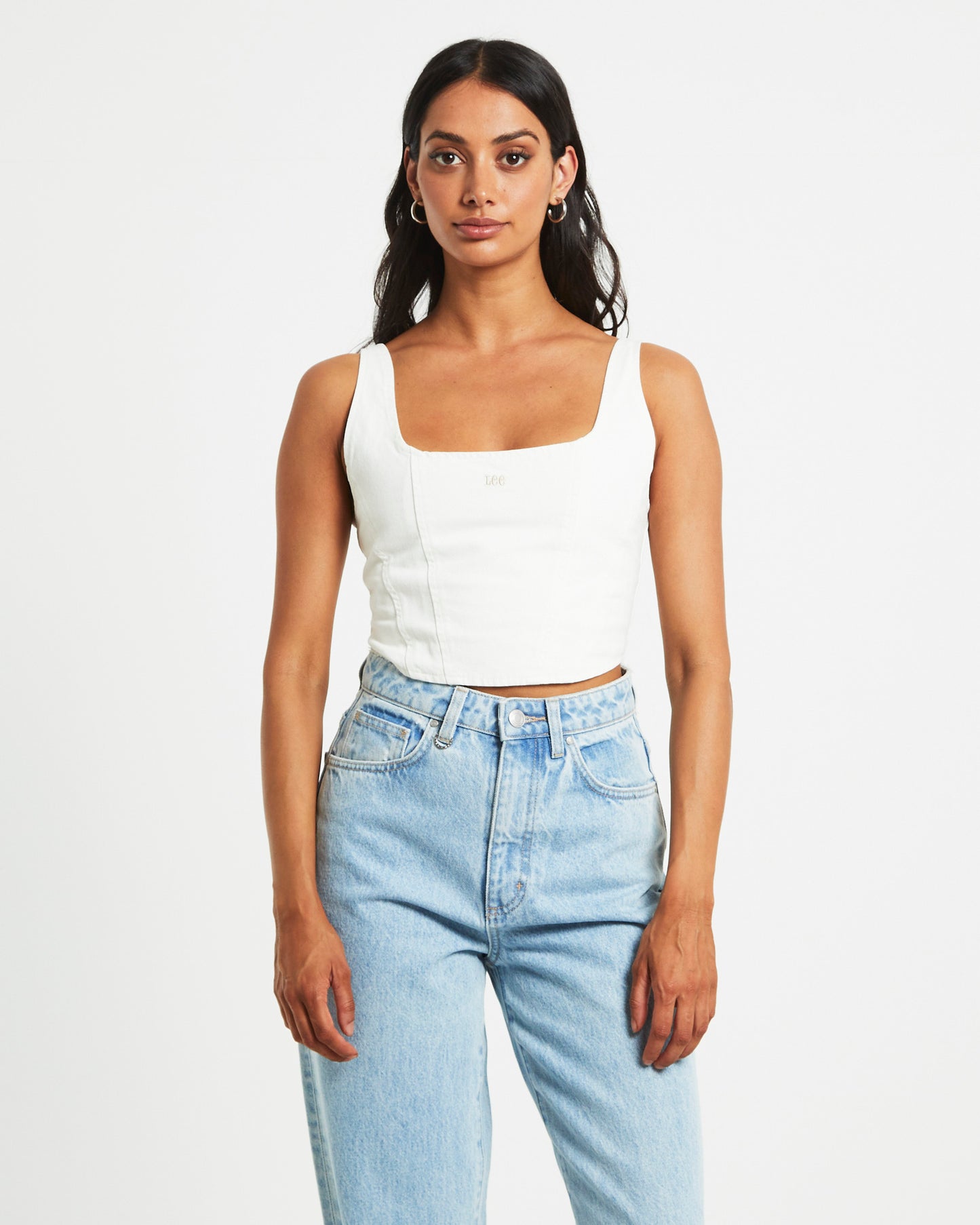 Monique Denim Corset Top in Bleached White