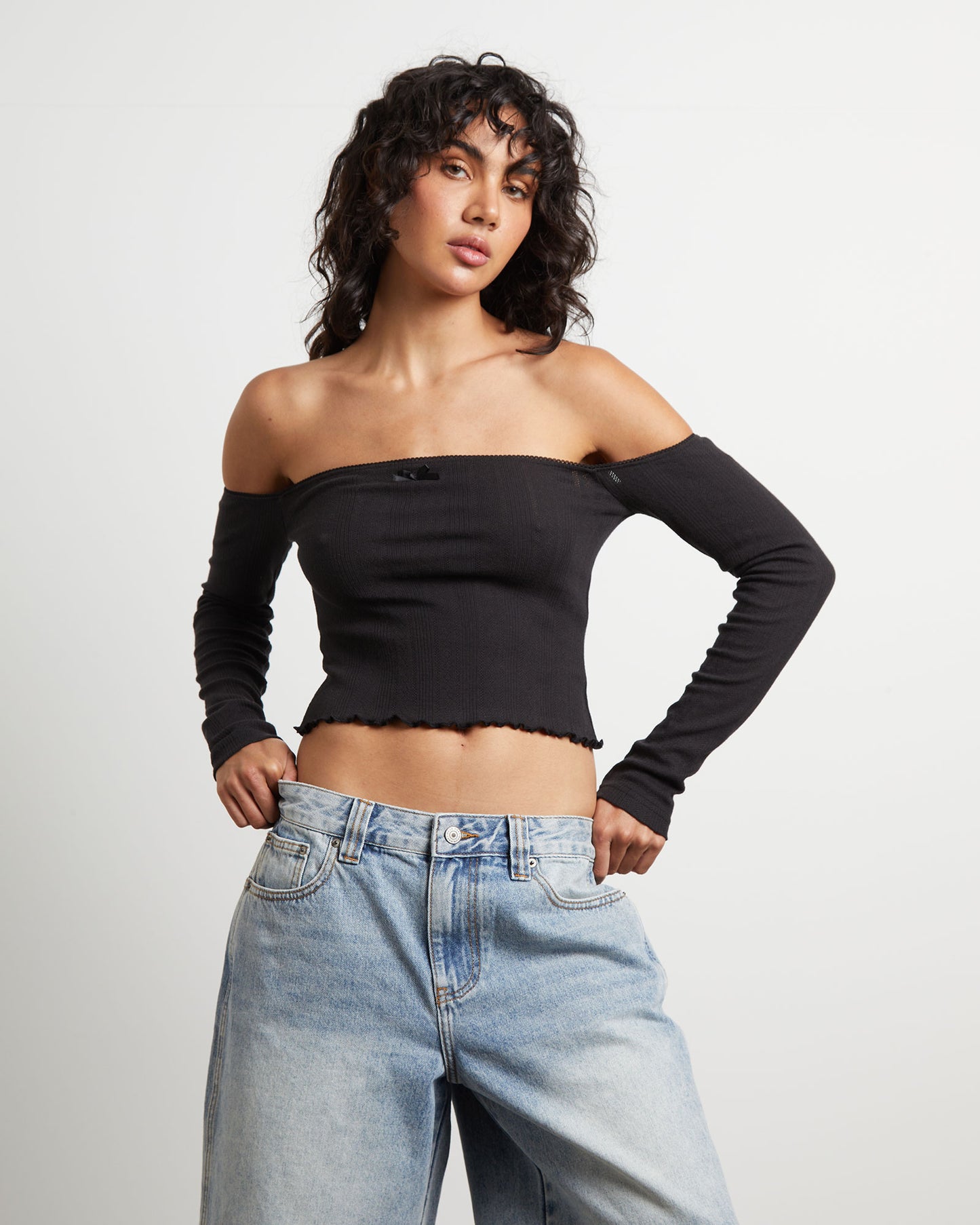 Fate Pointelle Cold Shoulder Tube Top in Black