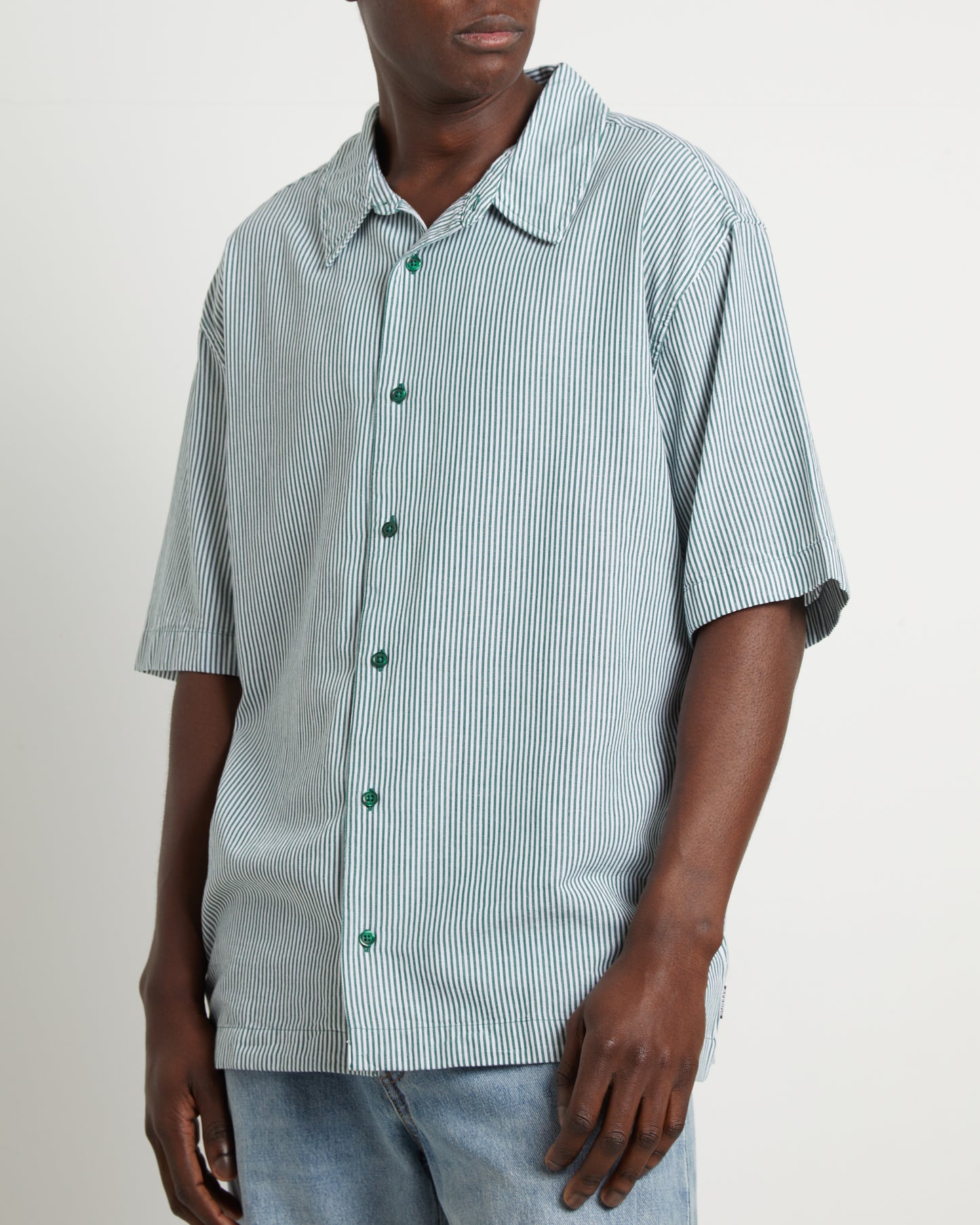 Intergalactic Cuban Short Sleeve Shirt in Emerald Stripe Green