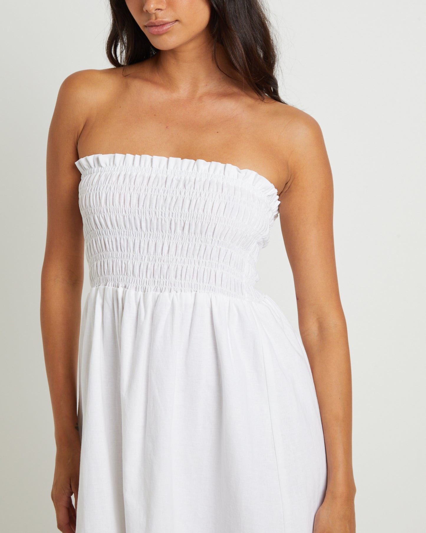 Esme Shirred Bandeau Maxi Dress in White