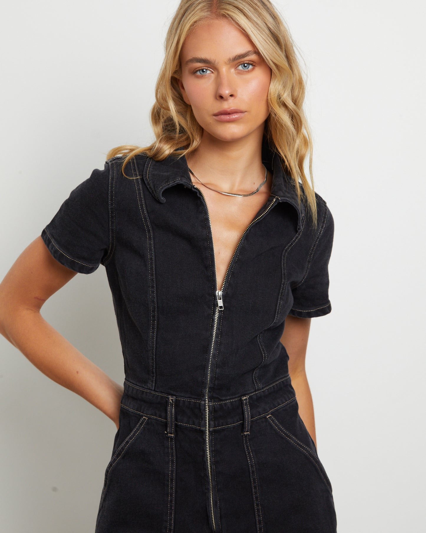 Georgia Denim Romper in Hollaback Black