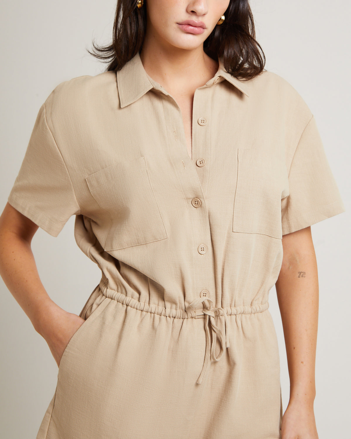 Shelly Short Sleeve Playsuit in Oat OFF WHIT