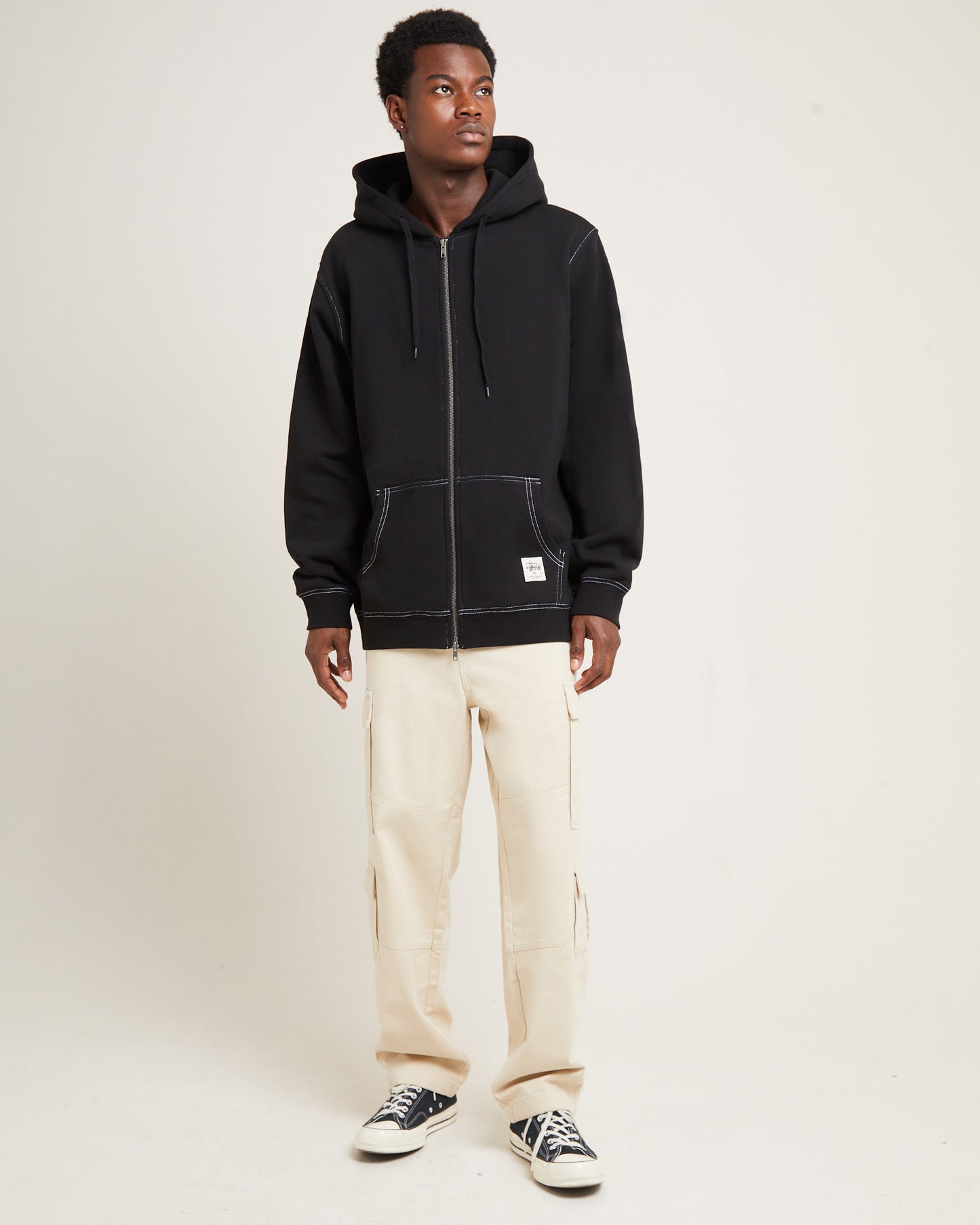 Double Face Label Zip Hoodie Black