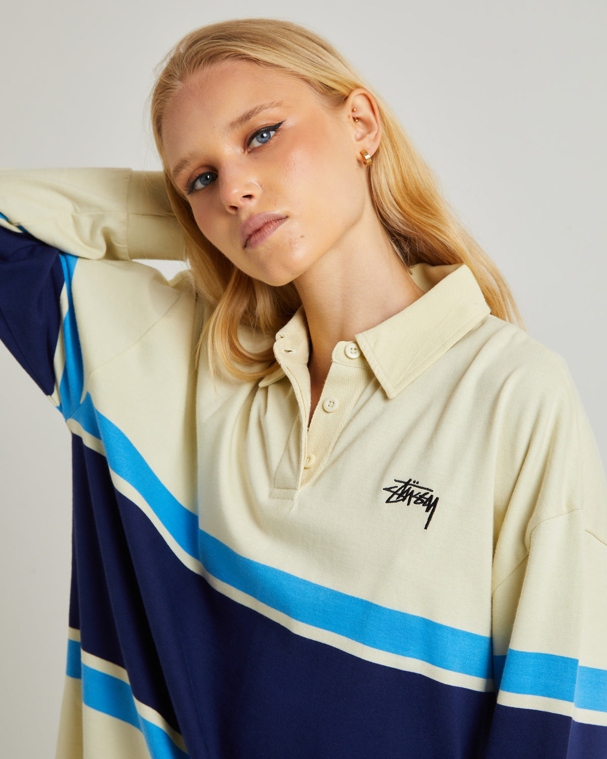 Engineered Stripe Long Sleeve Rugby Shirt PIGMENT NAVY BLUE/CREAM