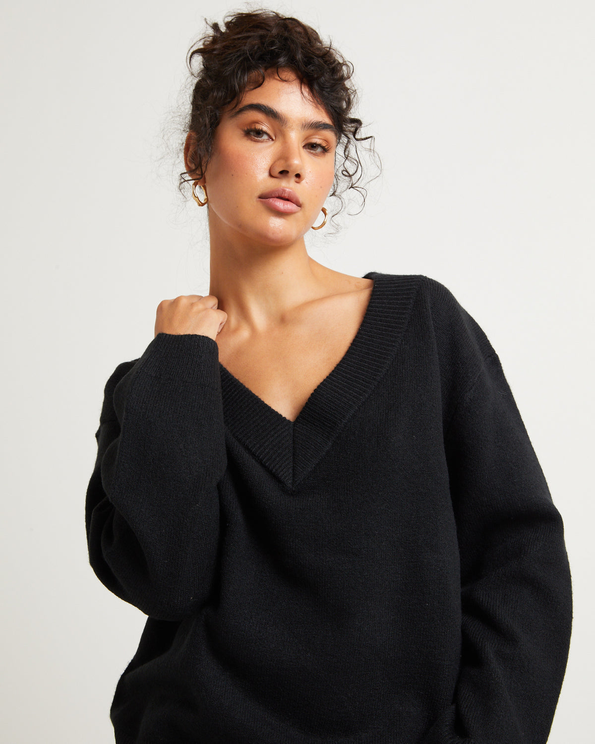 Deep V Neck Slouchy Jumper BLACK