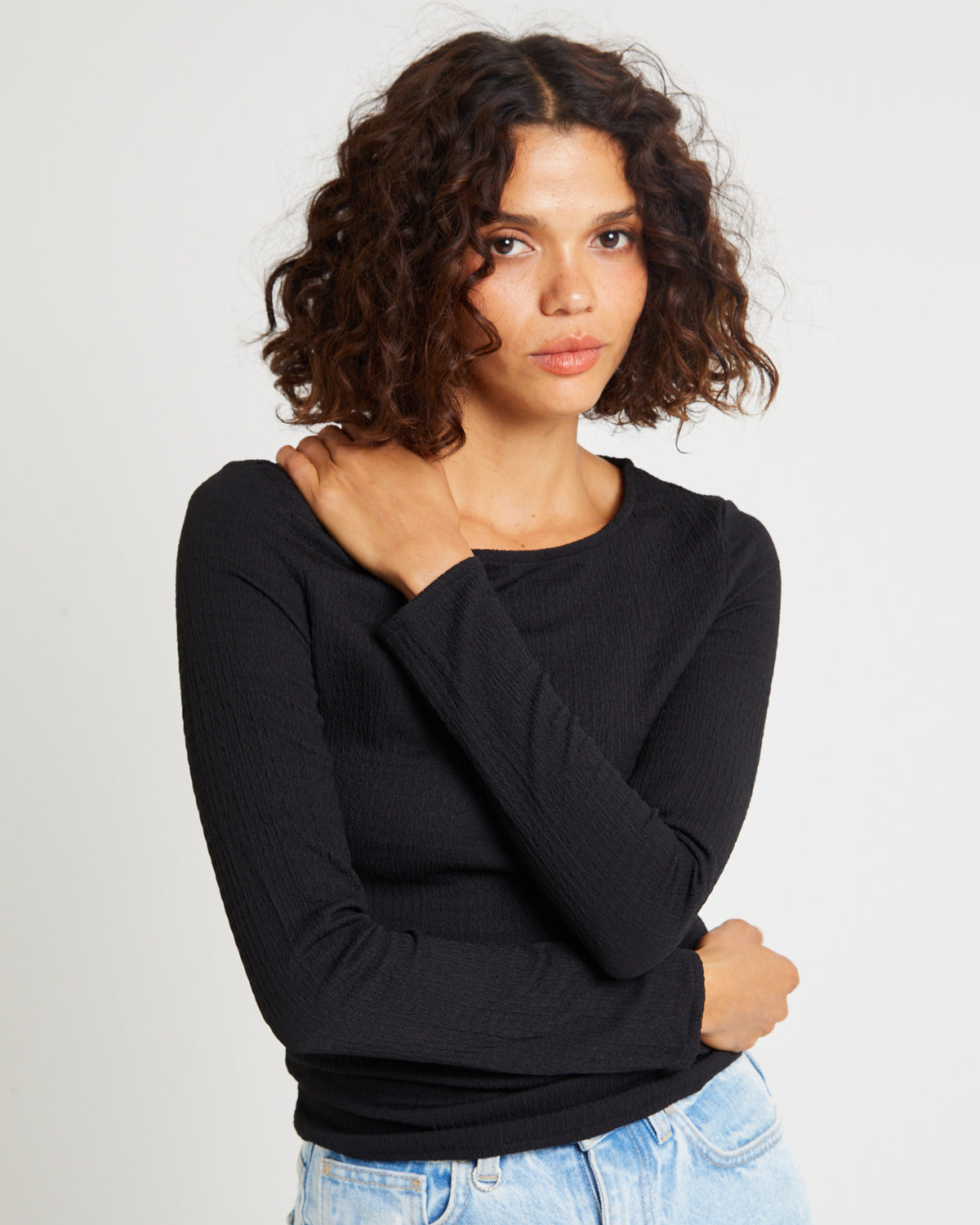 Crinkle Long Sleeve Top Black BLACK