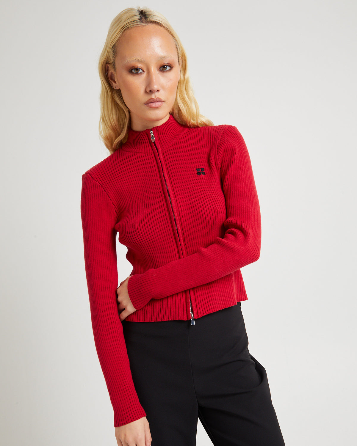 Iggy Zip Rib Knit Long Sleeve Top RED