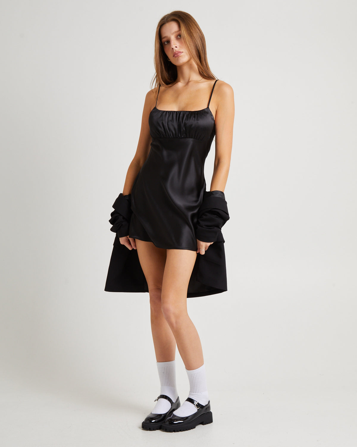 Ivy Ruched Silky Slip Mini Dress BLACK