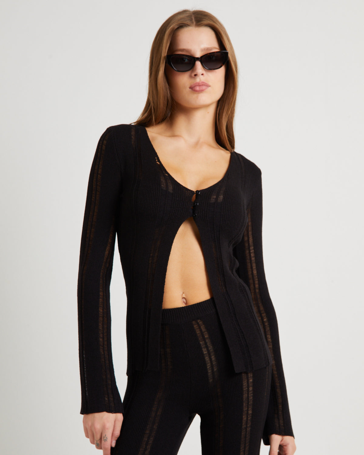 Ladder Knit Button Long Sleeve Top BLACK
