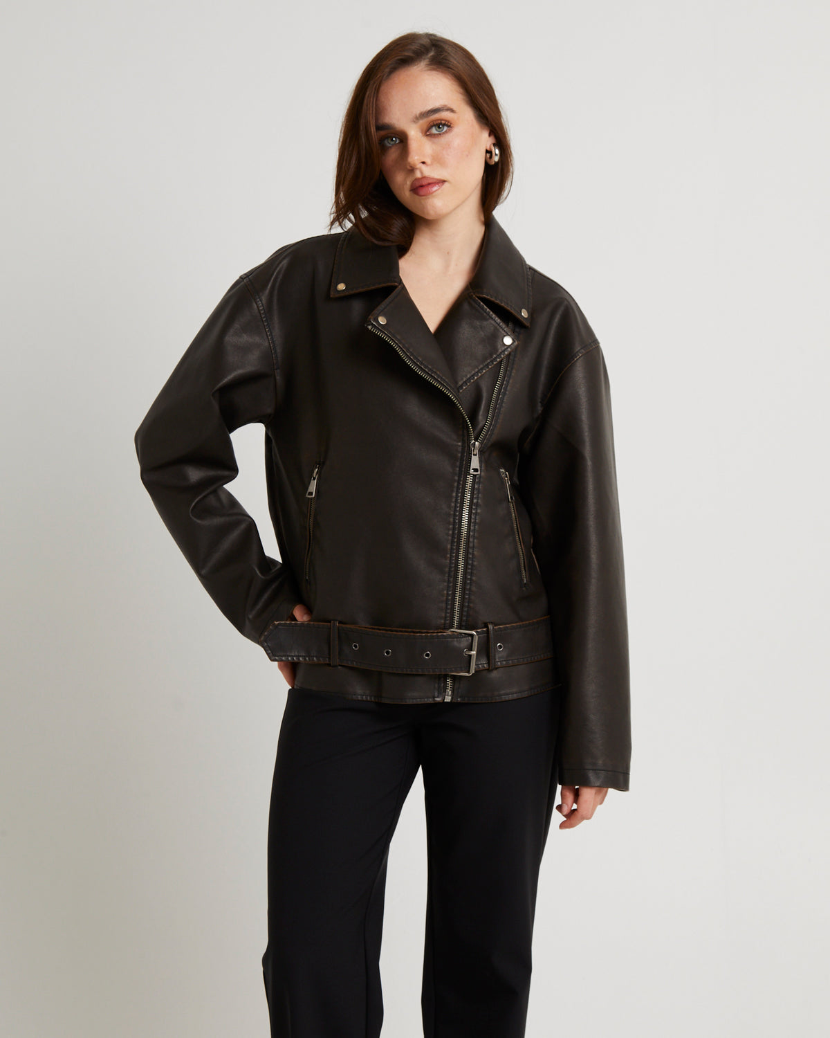 Ines Distressed Biker Jacket CHOCOLATE