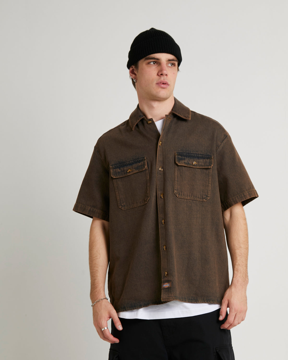 Denim Short Sleeve Shirt DARK BROWN