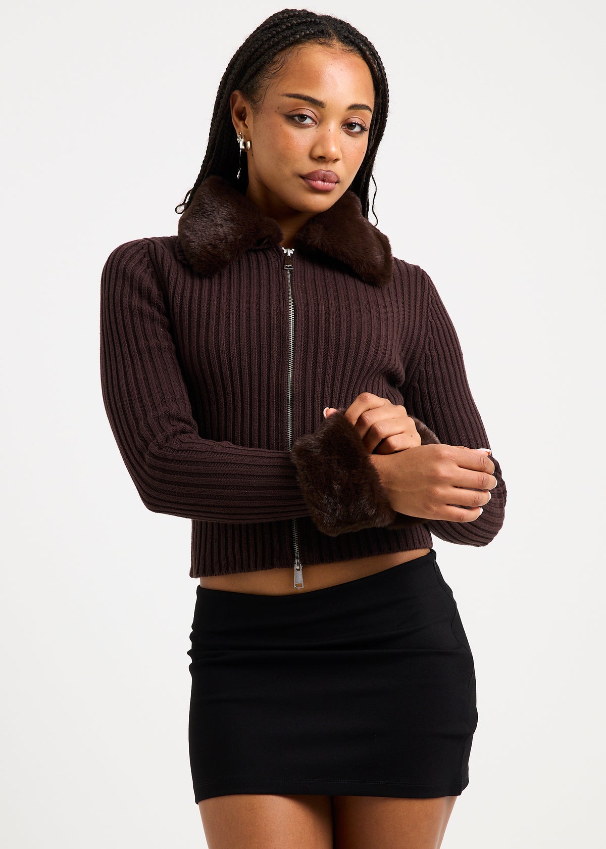 Marguerite Fur Trim Knit Cardi COCOA