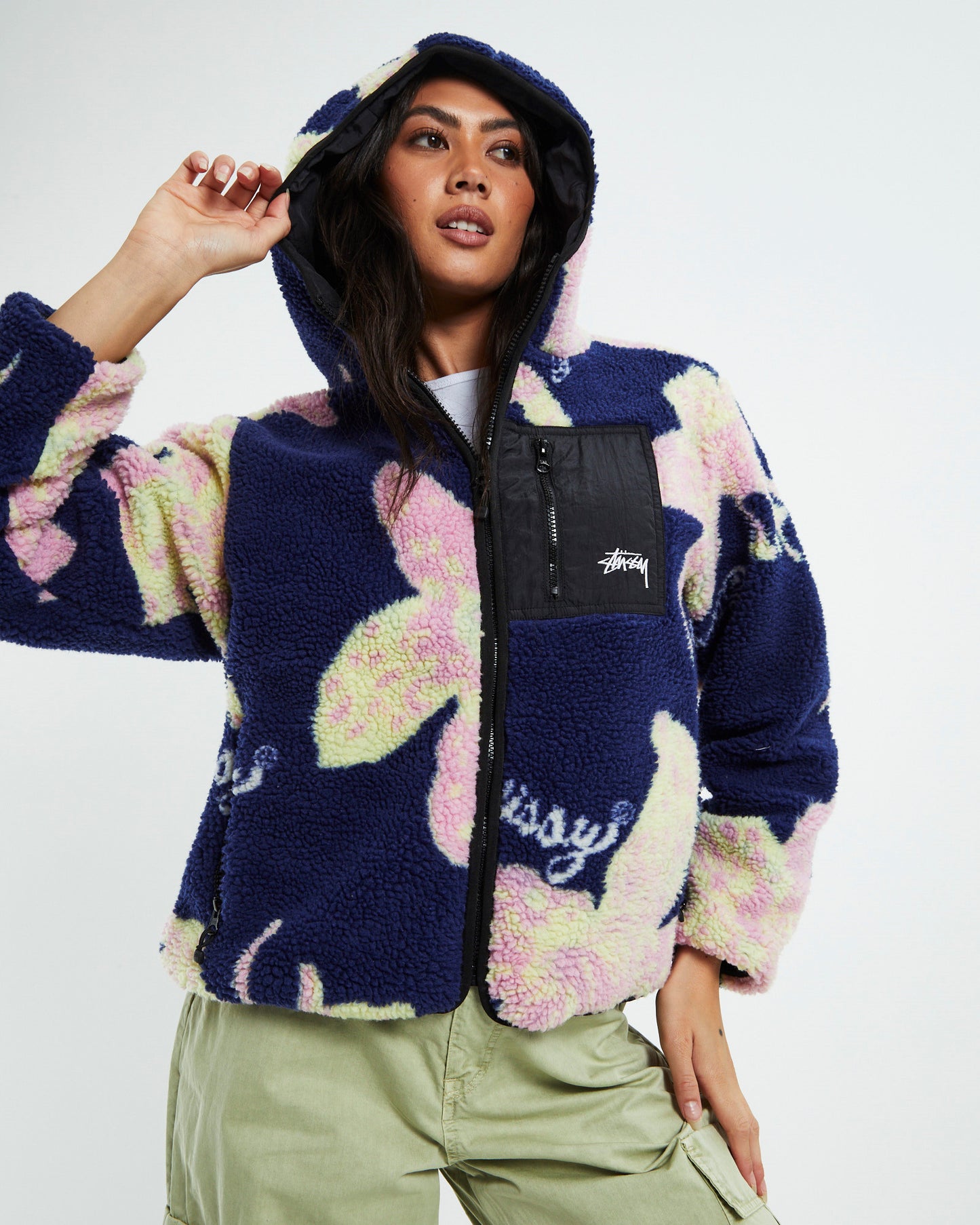 Stock Sherpa Hoodie Jacket Floral Navy