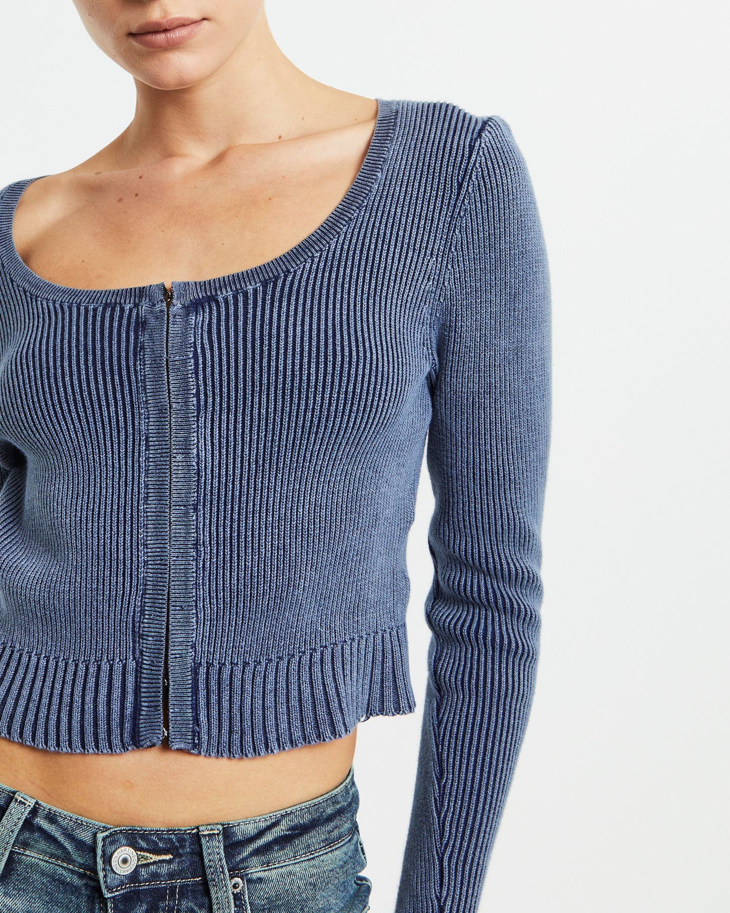 Daija Ribbed Knit Hook Front Long Sleeve Top Ink Blue