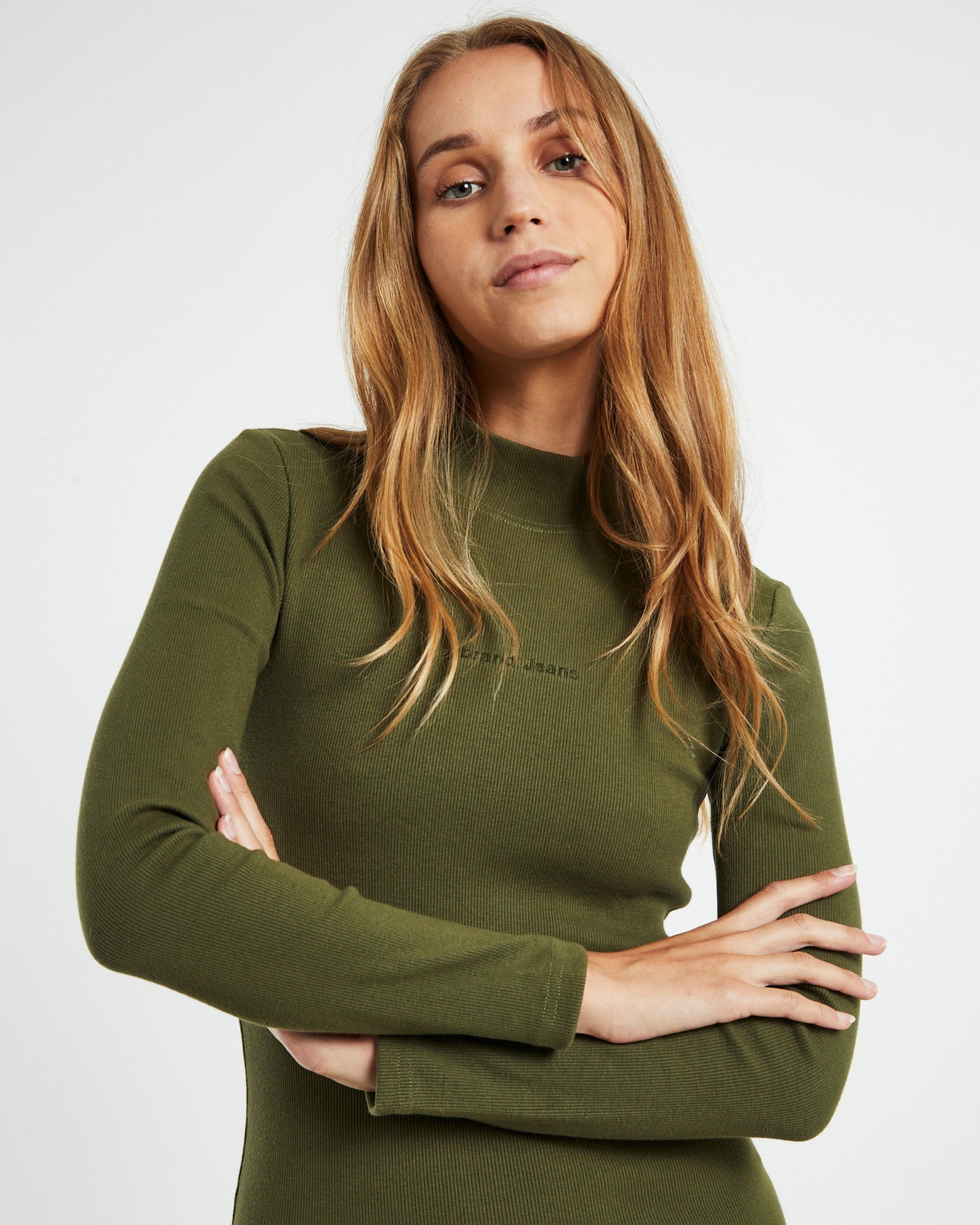 A Heather Long Sleeve Mock Neck Mini Dress Army Green