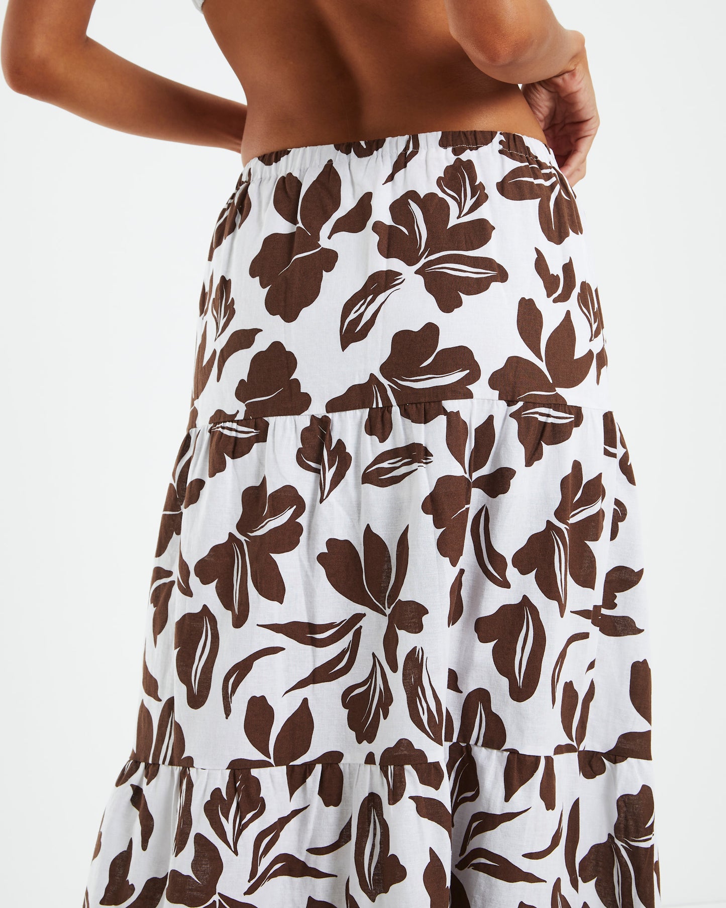 Niah Linen Tiered Midi Skirt Brown/White