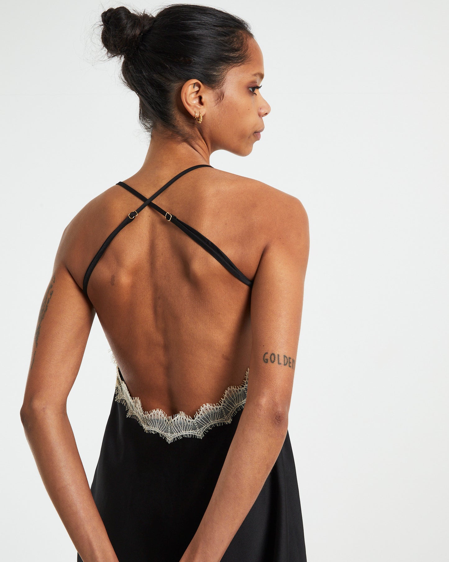 Serena Contrast Lace Cross Back Slip Dress Black/White
