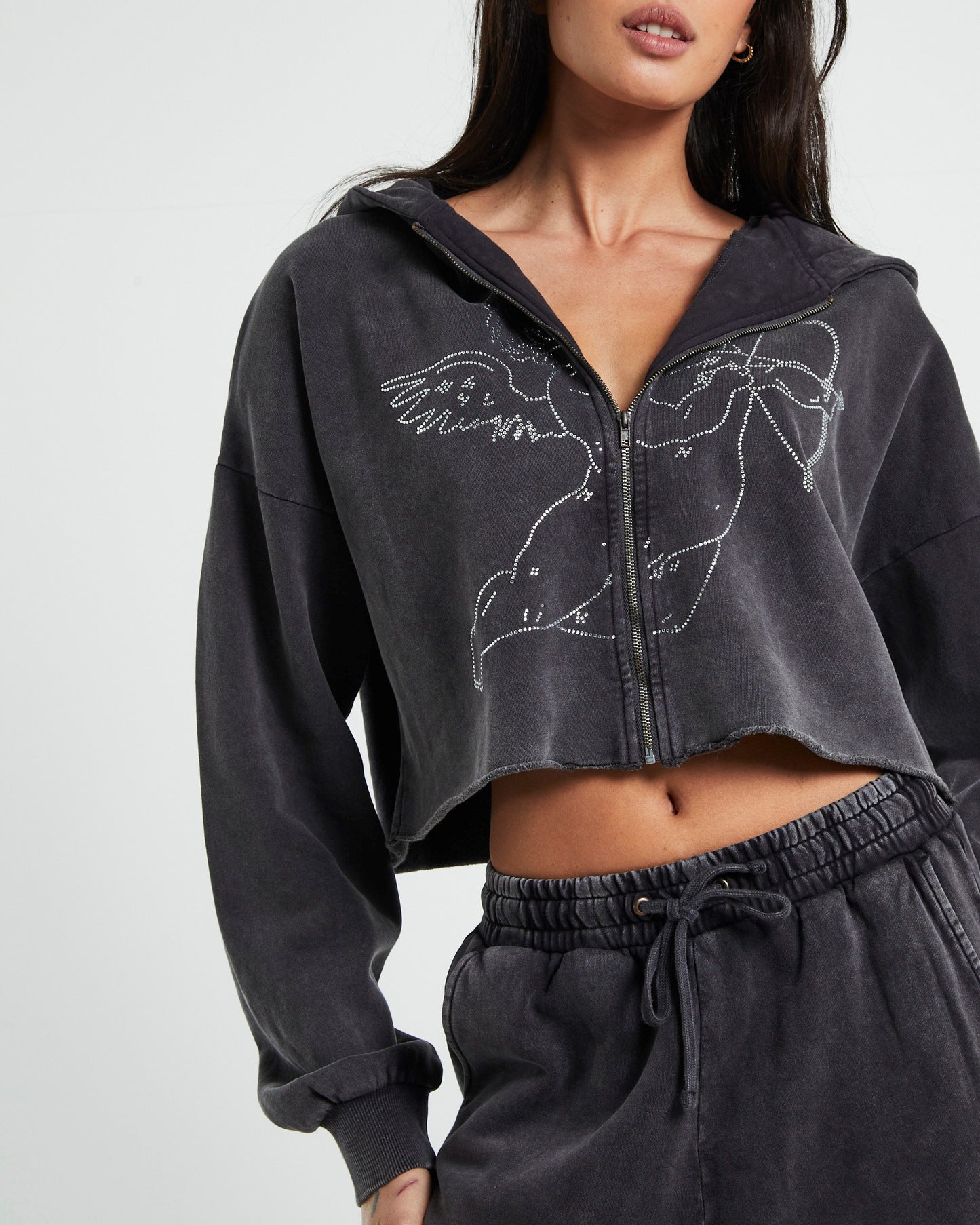 Cherub Acid Wash Zip Front Hoodie Charcoal