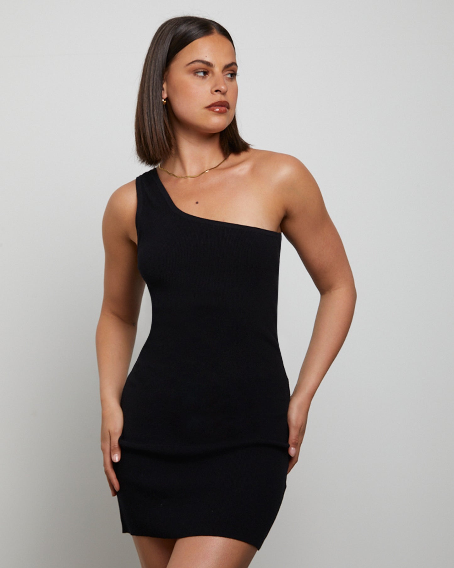 Luxe Knitted One Shoulder Mini Dress in Black