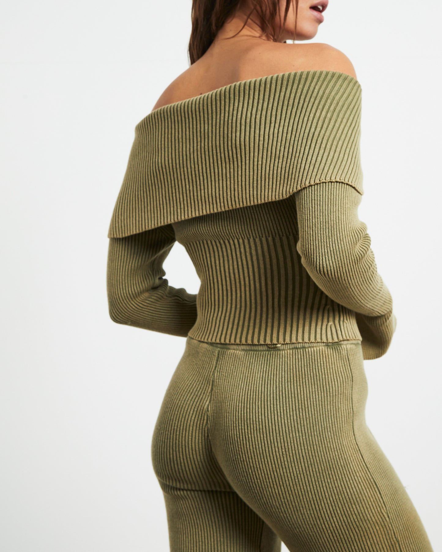 Angelique Zip Front Acid Rib Cardigan in Khaki Green