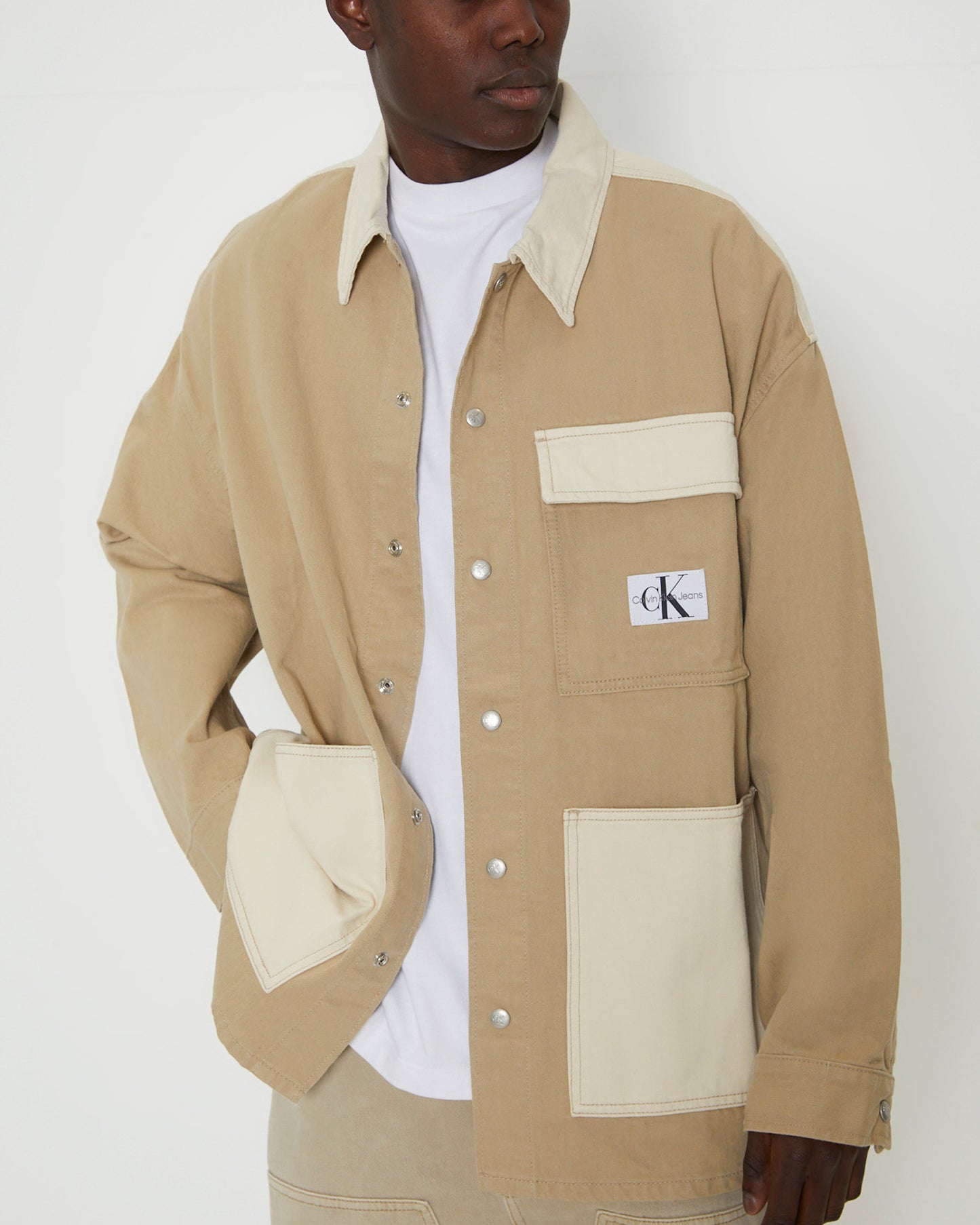 Oversized Utility Panel Denim Shirt Jacket in Neutral