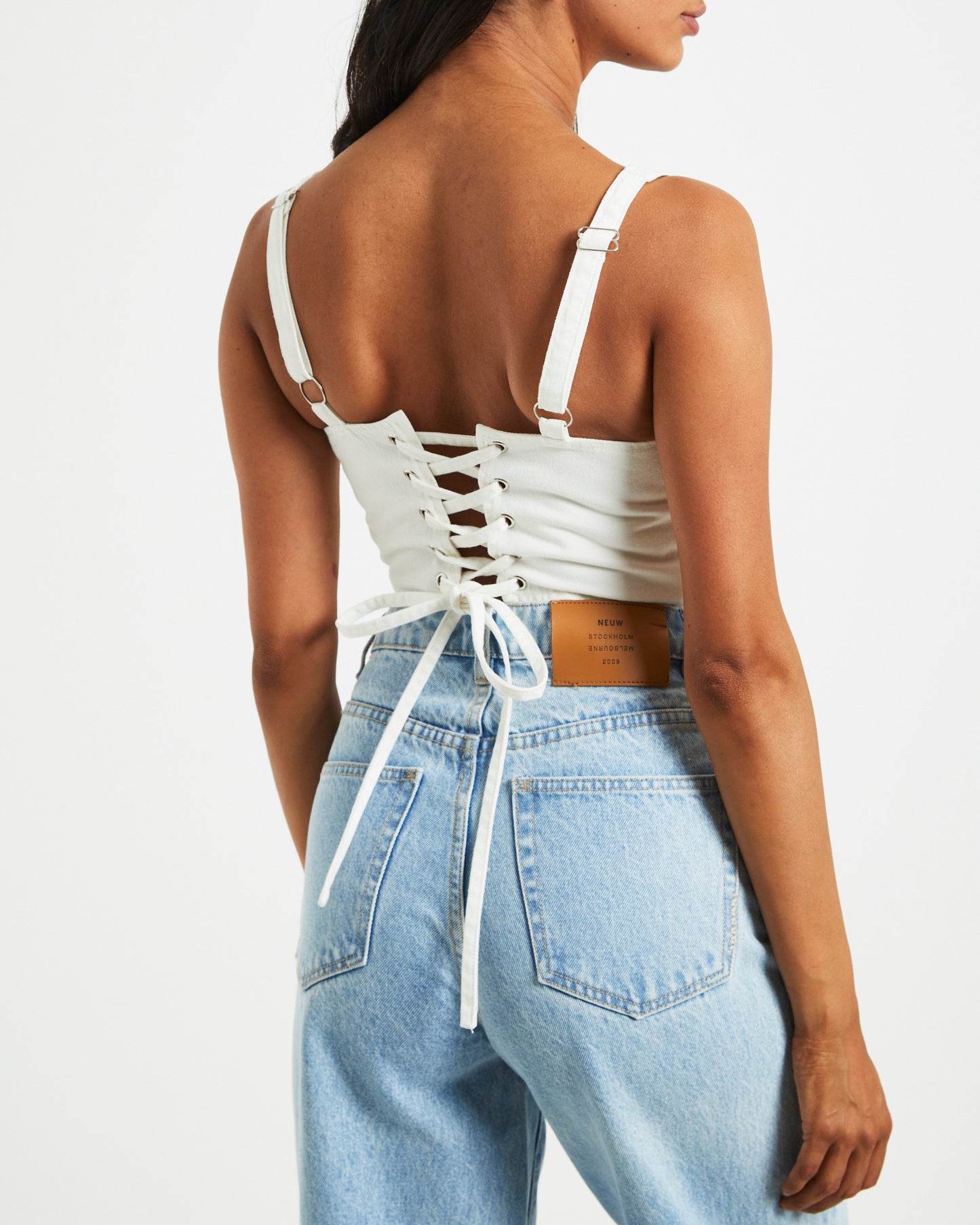 Monique Denim Corset Top in Bleached White