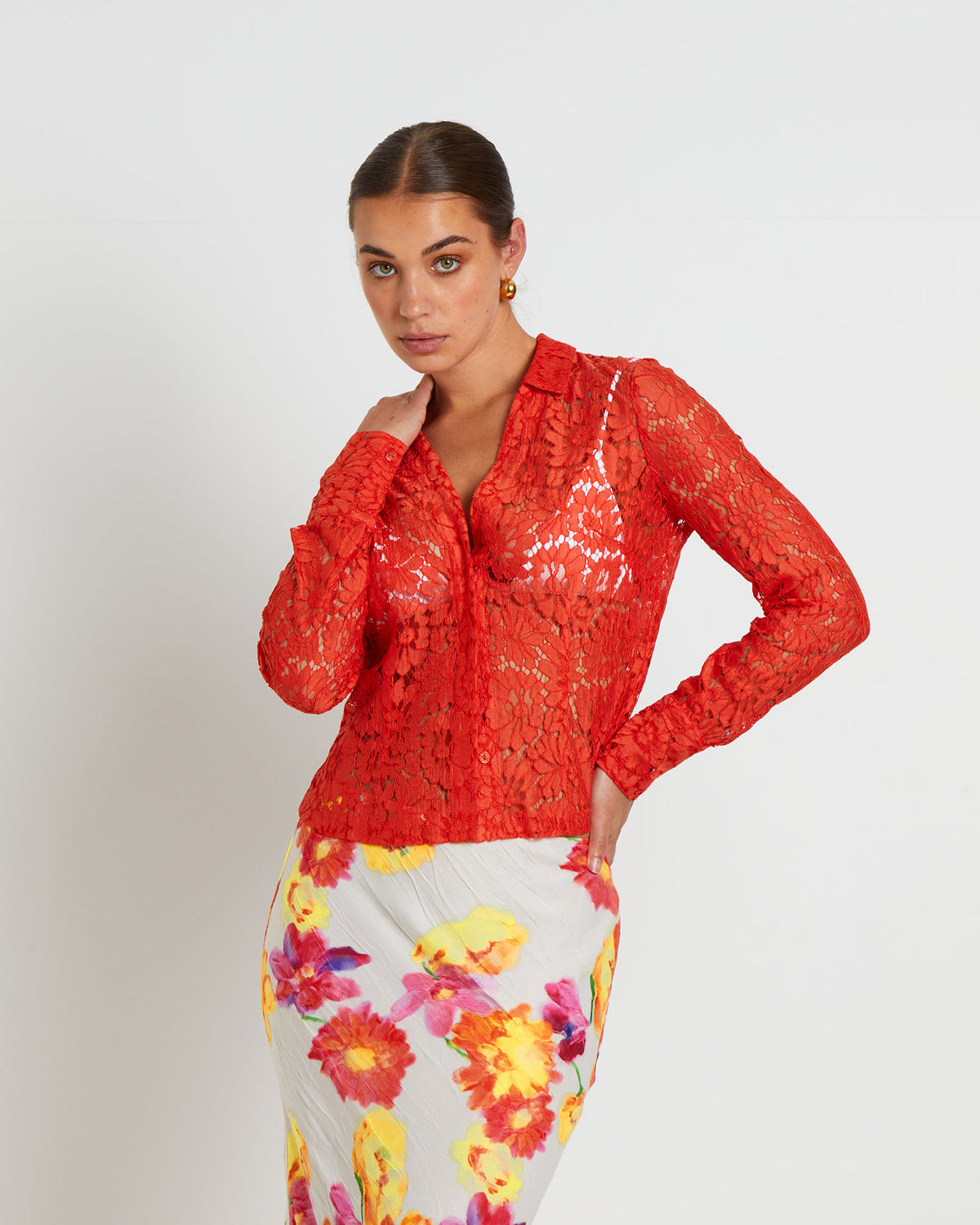 Pip Sheer Lace Long Sleeve Shirt CORAL
