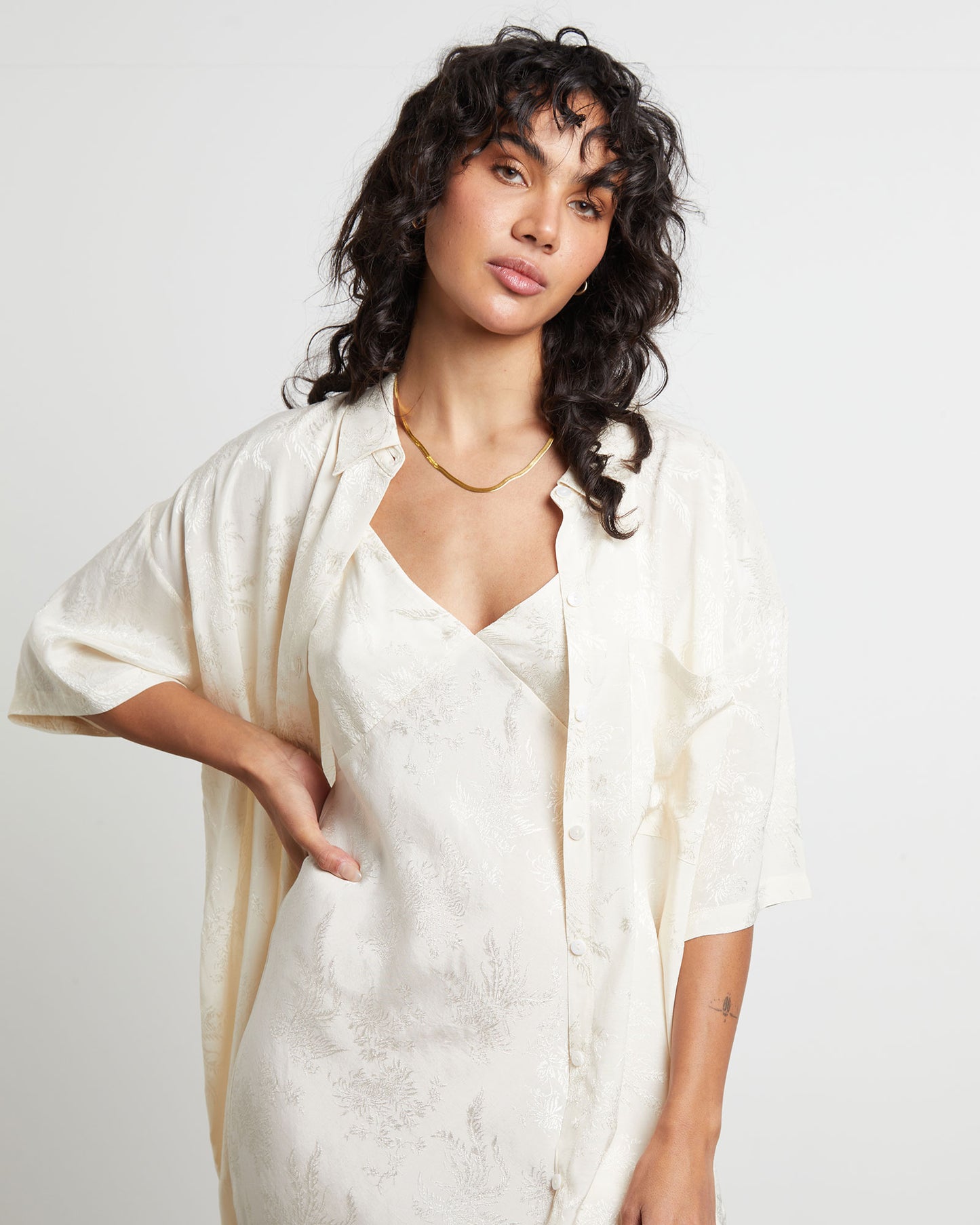 Ember Silky Jacquard Slip Maxi Dress in Butter