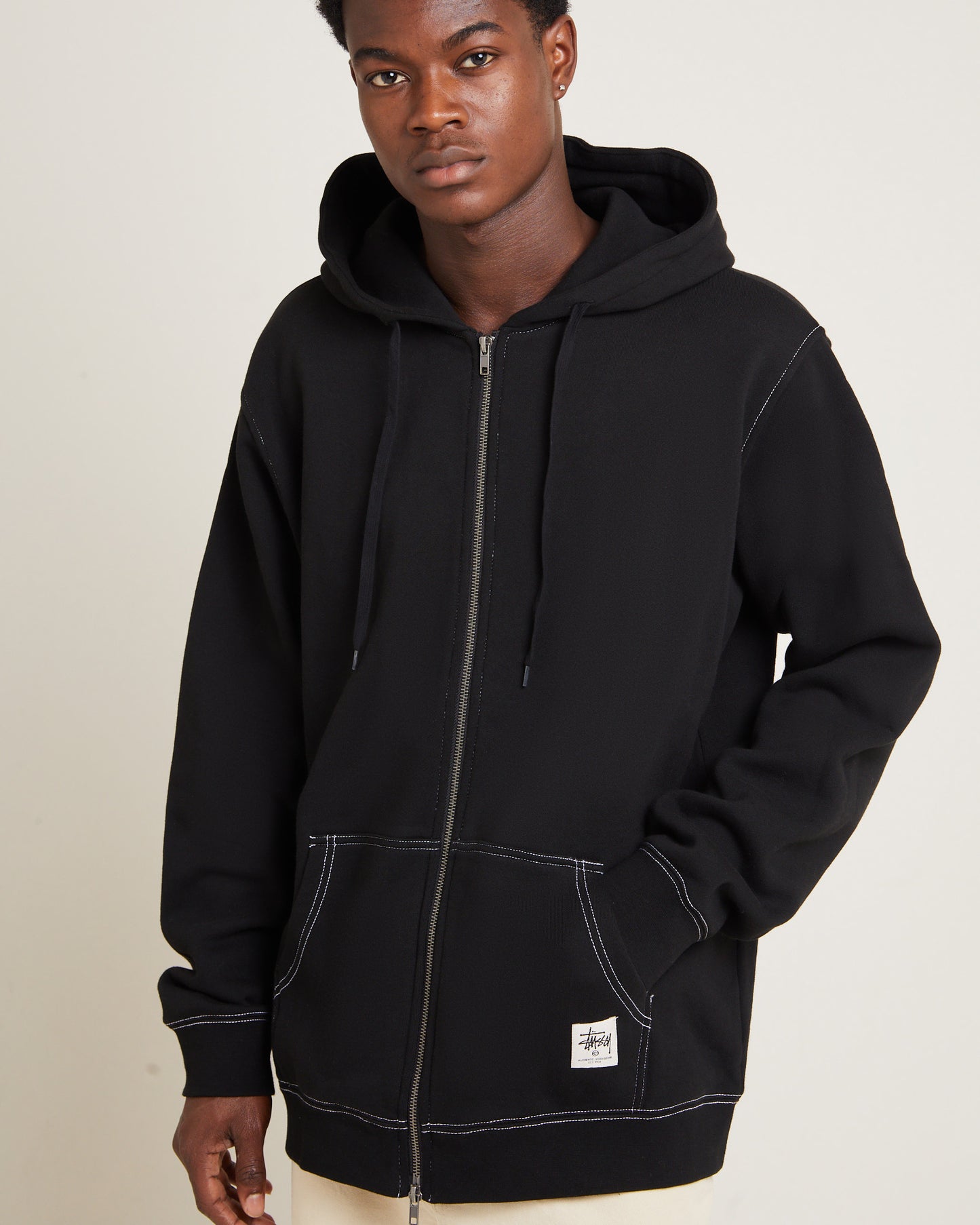Double Face Label Zip Hoodie Black