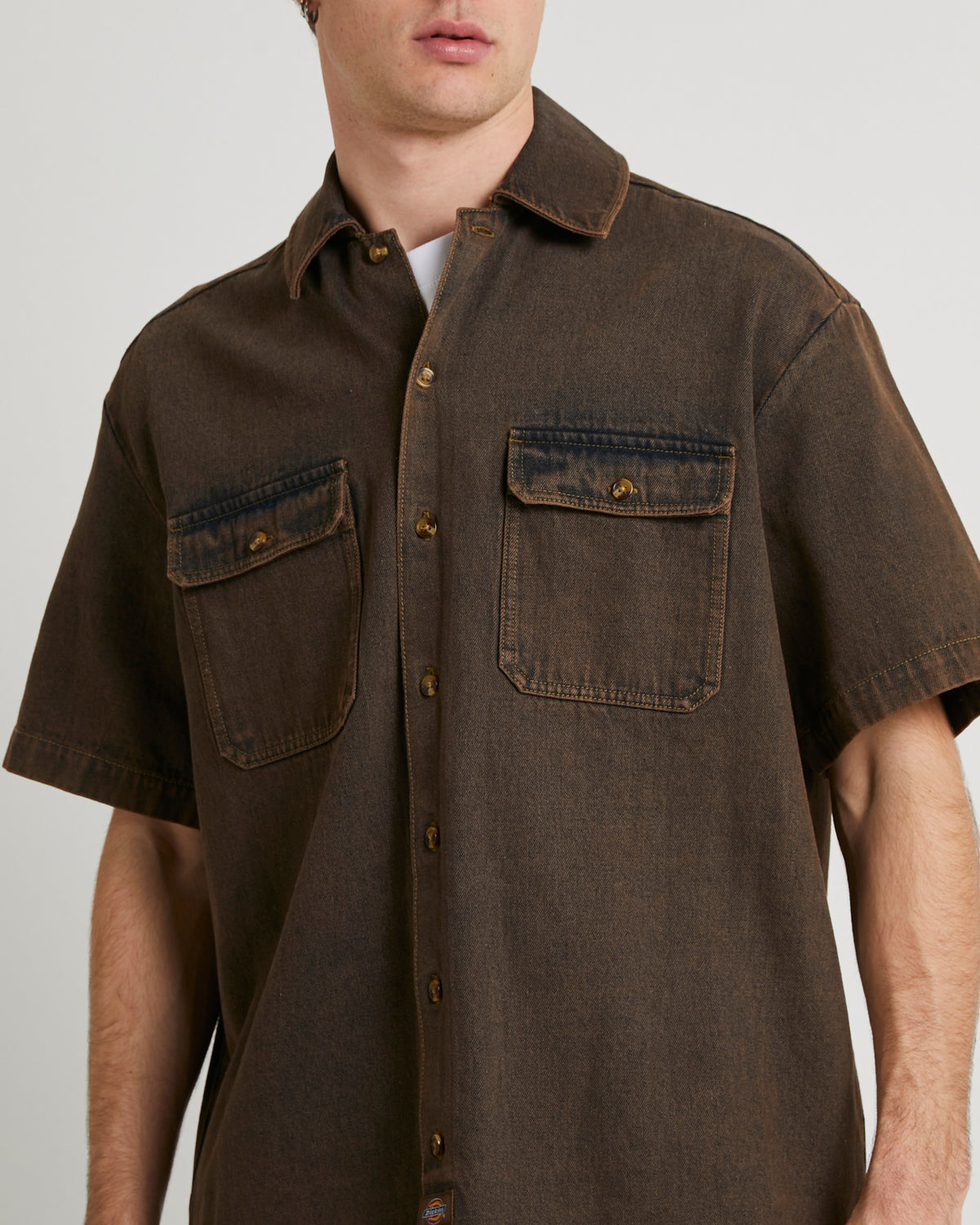Denim Short Sleeve Shirt DARK BROWN