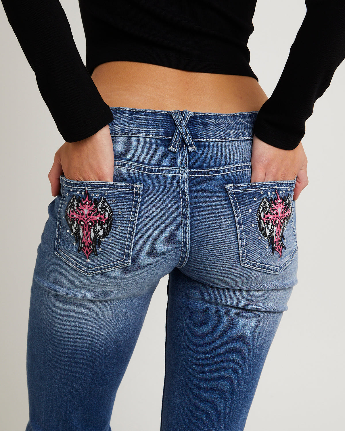 Y2K Low Flare Bedazzle Denim Jeans BLUE SPRAY